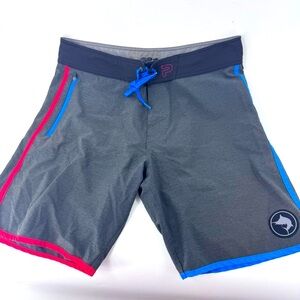 Pelagic Gray Board Shorts with Blue and Red Accents
